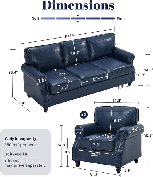 Kingfun 3 Seater Sofa, Mid-Century Modern Faux Leather Couch Set for Living Room, Blue with Rolled Arms & Nailhead Trim, Easy Assembly