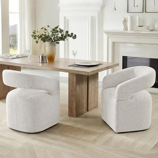 KISLOT Upholstered Dining Chairs Set of 2, Modern Arm Kitchen & Dining Room Chairs with Hidden Casters, Linen Fabric Padded Rolling Chairs, Sturdy Wood Frame, 300 lbs Capacity, Beige