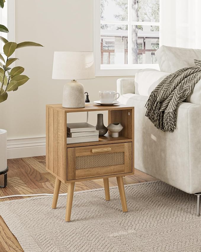 Aienvey Rattan Nightstand with Charging Station, Small Night Stand, Side Table with Drawer Open Shelf, Cane Accent Bedside End Table with Wood Legs, Modern Nightstand for Bedroom, Oak (Modern)