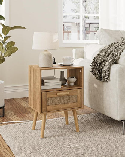 Aienvey Rattan Nightstand with Charging Station, Small Night Stand, Side Table with Drawer Open Shelf, Cane Accent Bedside End Table with Wood Legs, Modern Nightstand for Bedroom, Oak (Modern)