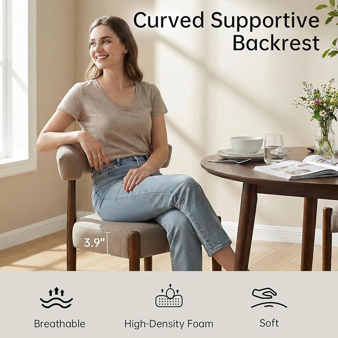 VKNOW Wooden Dining Chairs Set of 2, Modern Upholstered Dining Room Chairs with Walnut Wood Legs and Curved Backrest, Fabric Kitchen Chairs for Farmhouse/Living Room/Dining Room, Brown