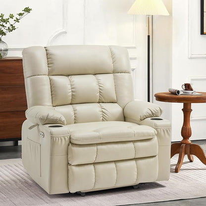 MCombo Small Dual Motor Power Lift Recliner Chair for Elderly, Zero Gravity Lift Chair with Heat and Massage, Lay Flat Recliner for Petite, USB Ports, Faux Leather R7894 (Cream White, Small-Wide)