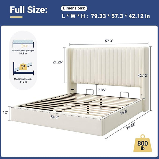 Allewie Full Size Lift Up Storage Bed Frame, Hydraulic Support System, Upholstered Platform Bed Frame, Underneath Storage, Vertical Channel Tufted Headboard with Wingback, No Box Spring Needed, Cream