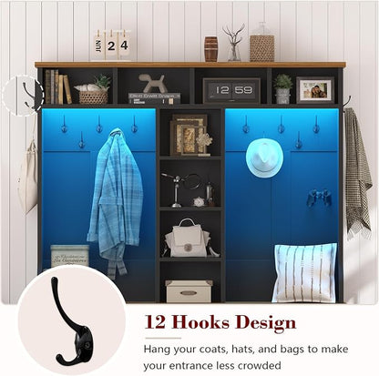 CSZZD Hall Tree with Bench and Shoe Storage, Farmhouse Entryway Bench with Coat Racks and Led Lights, Black Large Hall Tree with 12 Coat Hooks, 8 Storage Cubbies, Adjustable Shelf