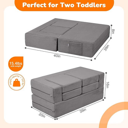 MeMoreCool Modular Kids Couch – Light Grey Foam Play Sofa Bed Convertible Toddler Couch | Soft Corduroy Cover | Washable | Bedroom & Playroom Furniture