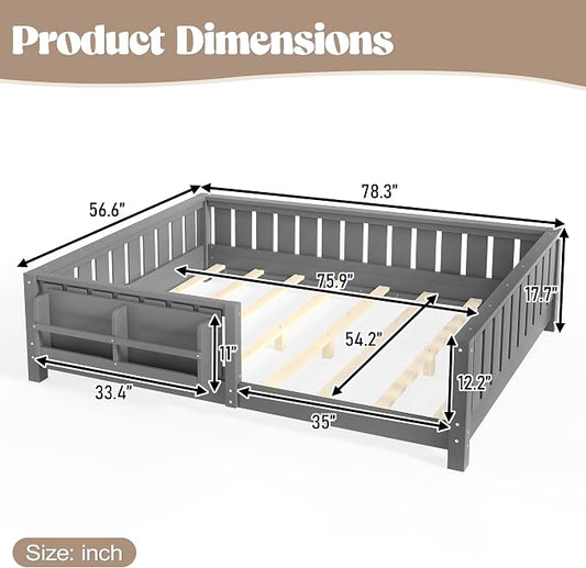 Bellemave Full Size Floor Bed with Slats and Guardrails, Full Size Montessori Floor Bed with Bookcase and Fence, Low Profile Montessori Beds for Kids, Gray Floor Beds Frame