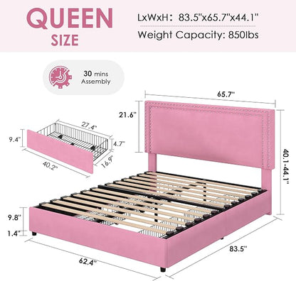 VECELO Queen Size Upholstered Bed Frame with 4 Storage Drawers, Adjustable Velvet Rivet Decor Headboard, Wooden Slats Platform Support, No Box Spring Needed, Easy Assembly,Pink