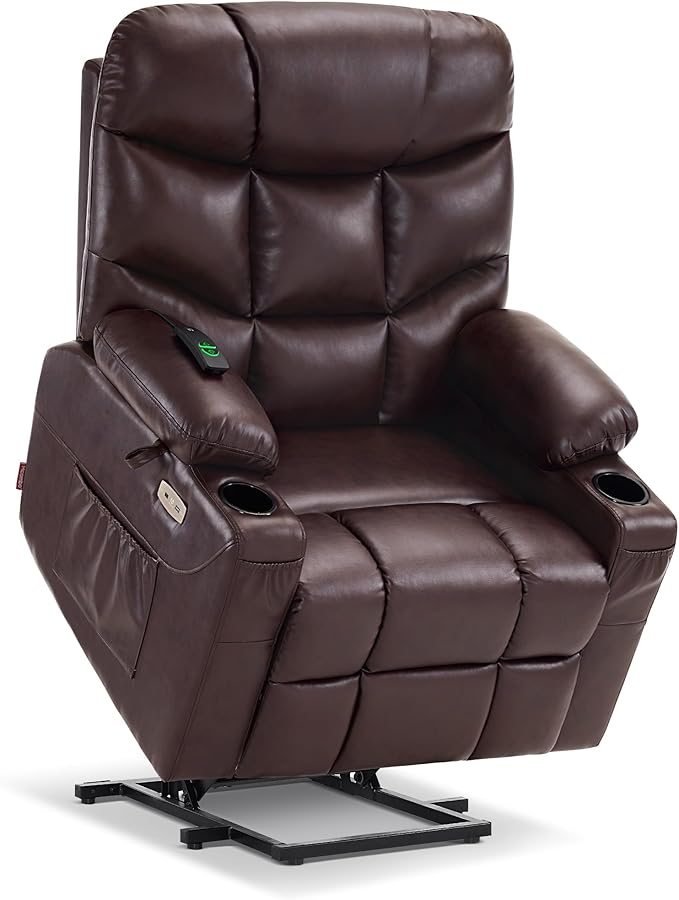 MCombo Power Lift Recliner Chair with Extended Footrest for Elderly People, for Mom, Faux Leather 7287 (Dark Brown, Medium)