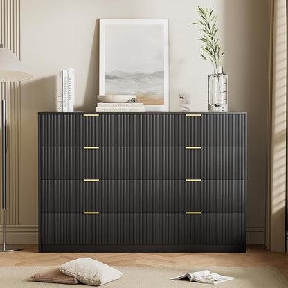 Furniway Black Dresser for Bedroom, Modern Dresser with 8 Drawers and Smooth Slides, Wide Chest of Drawers with Golden Handles for Bedroom, Closet, 15.7" D x 55" W x 37.4" H