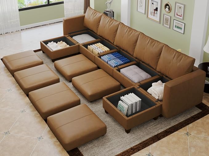 EASE MOOSE Faux Leather Sectional Couch Sofa with Storage,Faux Leather Modualr Sectional Sofa Brown U Shaped Modular Couch