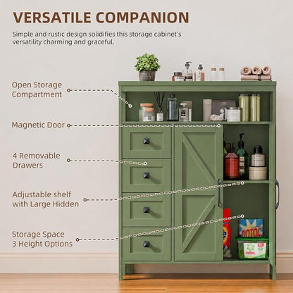 Vabches Farmhouse Storage Cabinet with 2 Doors and 4 Drawers, Freestanding Bathroom Compartment Kitchen Pantry Cabinet, Floor Cupboard for Kitchen/Living Room/Bathroom,Green