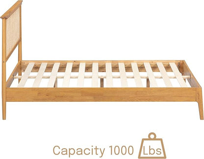 NTC Ruby Wooden Bed Frame with Headboard and Natural Rattan, Solid Oak/Rubber Wood Foundation with Silent Slats, 1000 Lb Capacity, Effortless Assembly (Natural Cane - Rustic Oak, Queen)