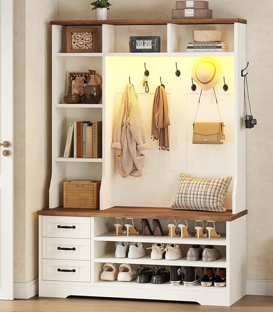 TVU Storage Hall Tree with Bench & 3 Drawers, 22-in-1 Coat Rack With 9 Coat Hooks, Farmhouse Entryway Bench With 9 Open Shelves for Hallway, Entryway (Hall Tree)