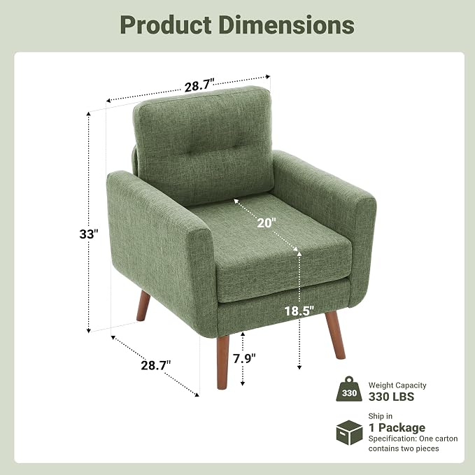 Tbfit Linen Fabric Single Sofa, Accent Chair, Mid Century Modern Armchair for Living Room, Bedroom Button Tufted Upholstered Comfy Reading Sofas, Green