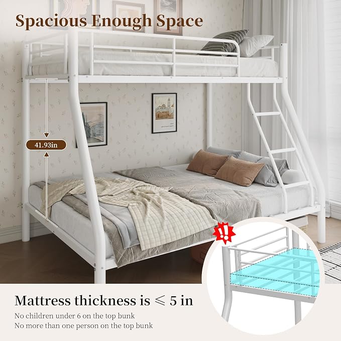 Metal Twin Over Full Bunk Bed丨 Bunk Beds Twin Over Full Size with Ladder | Heavy Duty Bunk Bed for Adults, Metal Bunk Bed for Dorm, Bedroom, Apartment, 440 lbs Capacity,No Box Spring Needed (White)