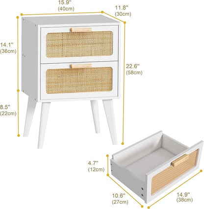 YAUKOMEL White Nightstand, Wood End Table, Side Table with 2 Hand Made Rattan Decorated Drawers,Boho Bedside Table,Wood Accent Table with Storage for Livingroom, Bedroom, White CTG59W
