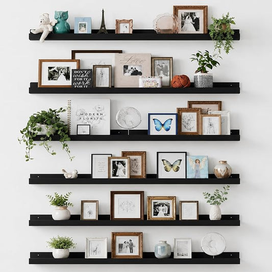 upsimples Floating Shelves for Wall, 47.3 Inch Shelves for Decor Storage Set of 6, Wall Mounted Wood Shelf for Bedroom, Living Room, Bathroom, Kitchen, Long Picture Ledge Shelves, Black