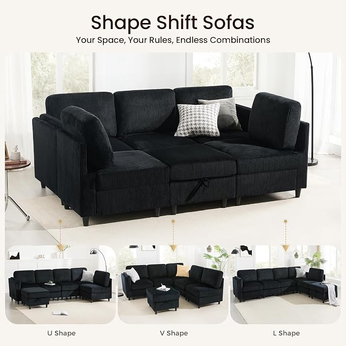 KKL Modular Sectional Sofa Bed - Sofa Couch with Storage Ottoman, Convertible L/U-Shaped Sleeper Couch for Living Room, Modern Reversible Design, Black