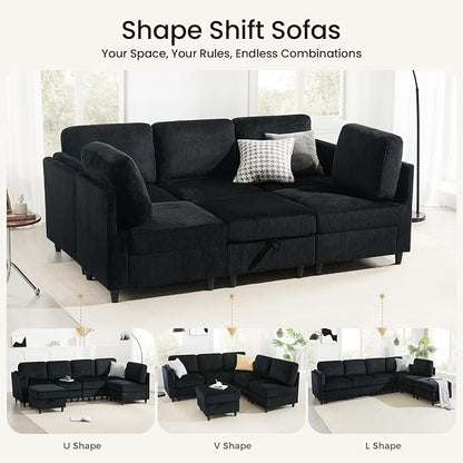 KKL Modular Sectional Sofa Bed - Sofa Couch with Storage Ottoman, Convertible L/U-Shaped Sleeper Couch for Living Room, Modern Reversible Design, Black
