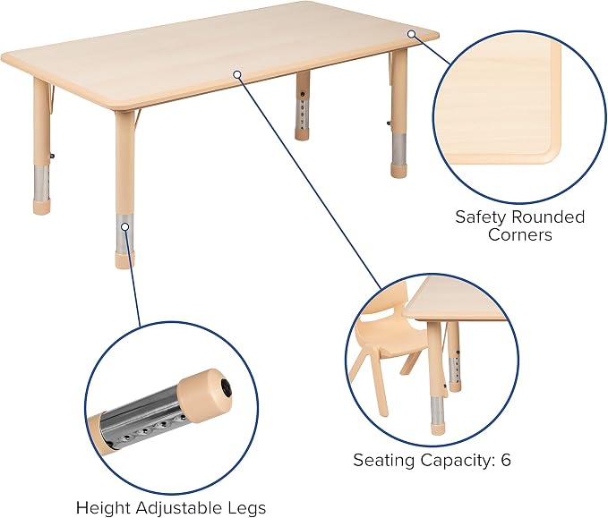 BizChair Adjustable Height Kids Activity Table, Natural Plastic, 23.6" W x 47.25" L, Rectangular, Table Only