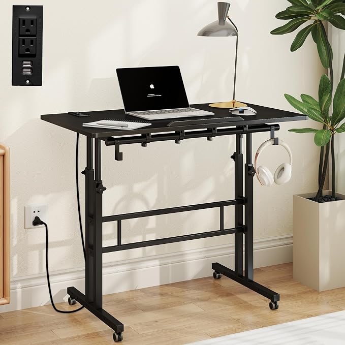 SIDUCAL Portable Standing Desk Adjustable Height, Rolling Computer Desk on Wheels, Mobile Home Office Workstation with USB Ports and Outlets, Laptop Cart for Standing or Sitting, 31.5" x 23.6" Black