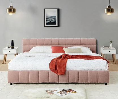 KEIKI King Thick Chenille Bed Frame with 4 Storage Drawer & Upholstered Tufted Headboard, Modern Solid Wood Floor Platform for Bedroom, No Box Spring Needed