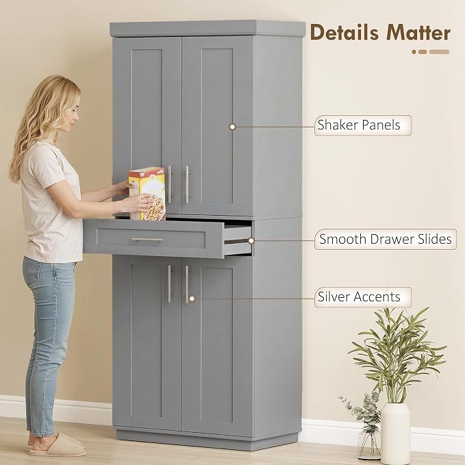 HOMCOM 72" Kitchen Pantry Cabinet, Freestanding Tall Storage Cabinet with 4 Doors, Drawer and 3 Adjustable Shelves for Dining Room, Gray