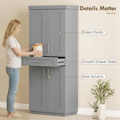 HOMCOM 72" Kitchen Pantry Cabinet, Freestanding Tall Storage Cabinet with 4 Doors, Drawer and 3 Adjustable Shelves for Dining Room, Gray