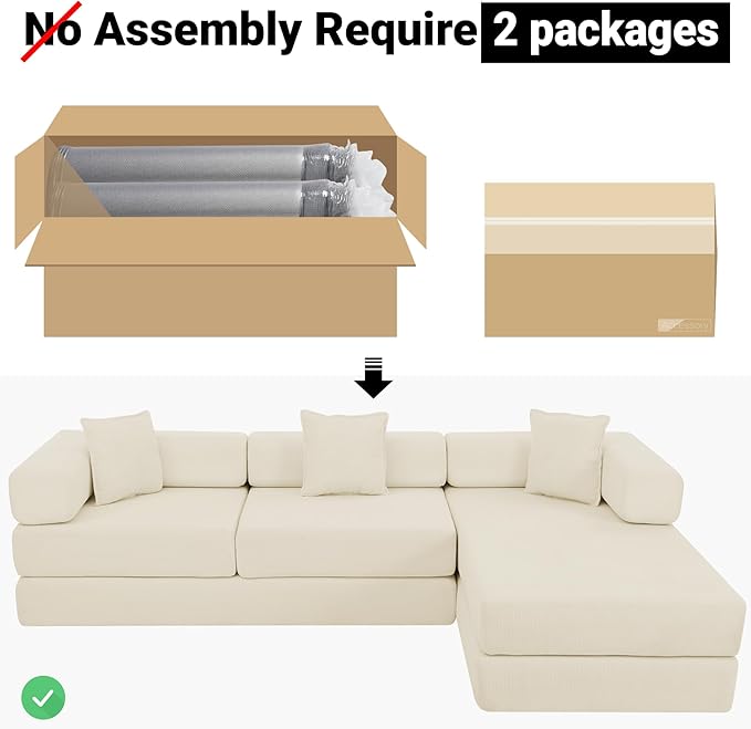 ivoros 108" Oversized Convertible Sleeper Sofa Bed, Corduroy L Shape Sectional Couch, Folding Sofa Bed with Fixed-Shape Frame, Modern Cloud Floor Mattress Couch, Modular Sofa for Living Room, Beige