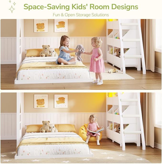 Hasuit Low Bunk Bed Twin Over Twin with Toy Storage Organizer-6 Removable Bins, Floor Bunk Beds with LED Lights, House Bunk Bed with Ladder & Guardrail, Metal L Shaped Twin Bunk Beds for Kids, White