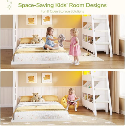 Hasuit Low Bunk Bed Twin Over Twin with Toy Storage Organizer-6 Removable Bins, Floor Bunk Beds with LED Lights, House Bunk Bed with Ladder & Guardrail, Metal L Shaped Twin Bunk Beds for Kids, White