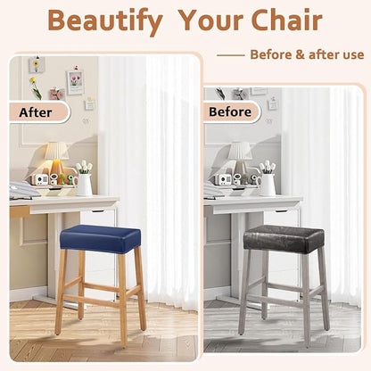 PU Leather Bar Stool Covers Rectangular, 100% Waterproof Stool Covers Rectangle Super Stretch 20% Thicker Leather Saddle Stools Cover Rectangular Counter Bar Stools with Elastic Band (4 PCS, Navy)