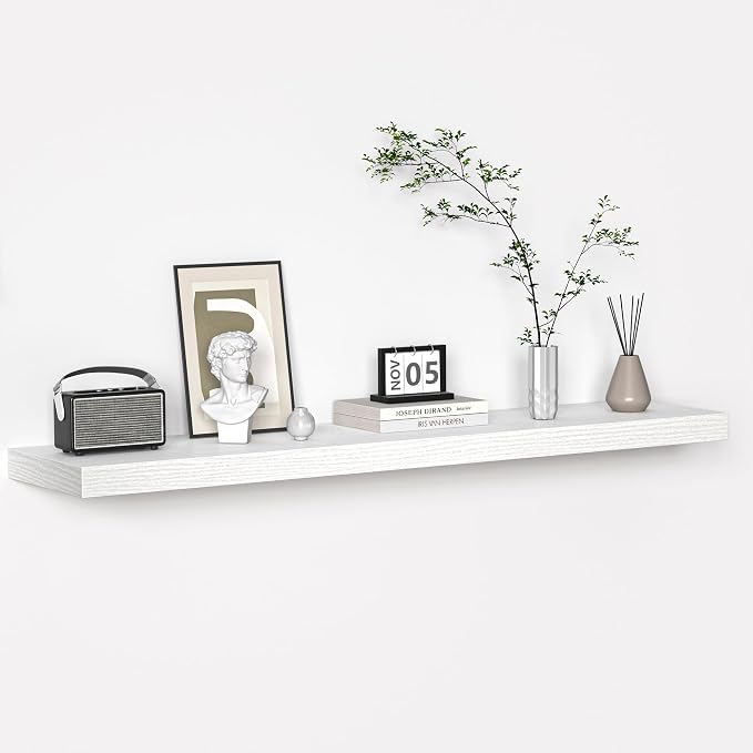 Floating Shelves - 10.3 Inch Deep Wall Shelf for Decor & Storage - Wall Mounted Display Shelving with Invisible Heavy-Duty Metal Bracket - 48" W x 10.3" D x 1.8" H - Set of 1 - Rustic White