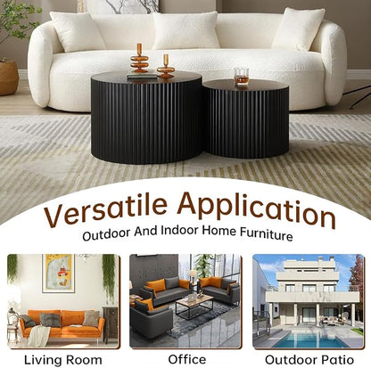 Black Nesting Coffee Table Set of 2 Modern Round Fluted Coffee Table Small Round End Table Side Table Circular Coffee Tables Circle Nested Coffee Tables for Living Room (Black Large)