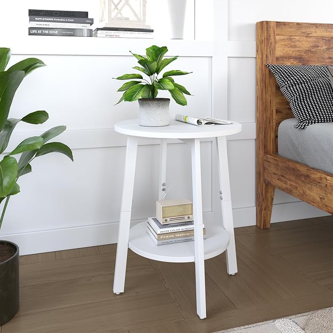 sthmec Side Table Set of 2, Small Round End Table with Storage Shelf for Small Space, 2-Tier Bedside Table Sofa Couch Table, Round Nightstands Set 2 Accent Table for Living Room, Bedroom, White