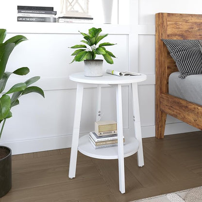 sthmec Side Table, Small Round End Table with Storage Shelf for Small Space, 2-Tier Bedside Table Sofa Couch Table, Round Accent Table Nighstands for Living Room, Bedroom,White