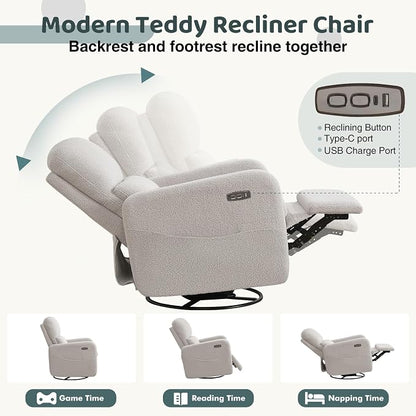 Power Swivel Rocker Recliner, Oversized Electric Boucle Recliner Chair, Teddy Swivel Glider Nursery Reclienr with Removable Cushion, Upholstered Recling Chair for Living Room Bedroom, Grey