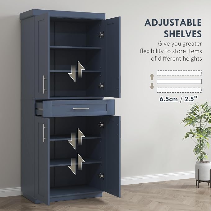 HOMCOM 72" Kitchen Pantry Cabinet, Freestanding Tall Storage Cabinet with 4 Doors, Drawer and 3 Adjustable Shelves for Dining Room, Navy Blue