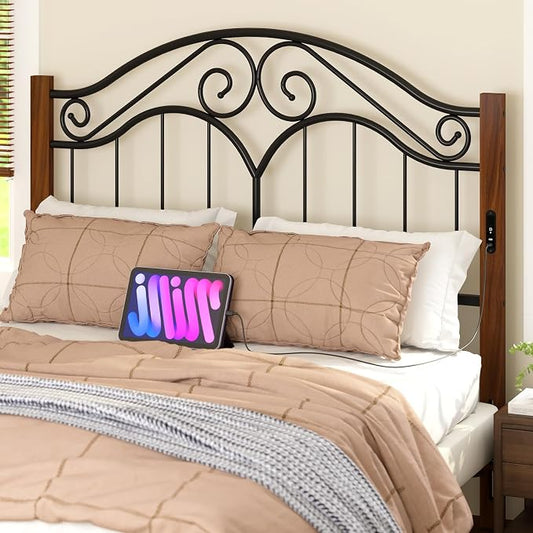 Headboard for Queen Size Bed Frame with Charging Station USB & Type C Ports | Vintage Platform Bed Headboard Only,Adjustable,Iron Legs,Easy Assembly,Black