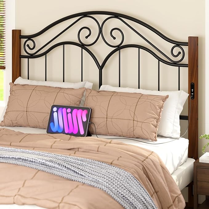 Headboard for Full Size Bed Frame with Charging Station USB & Type C Ports | Vintage Platform Bed Headboard Only,Adjustable,Iron Legs,Easy Assembly,Black