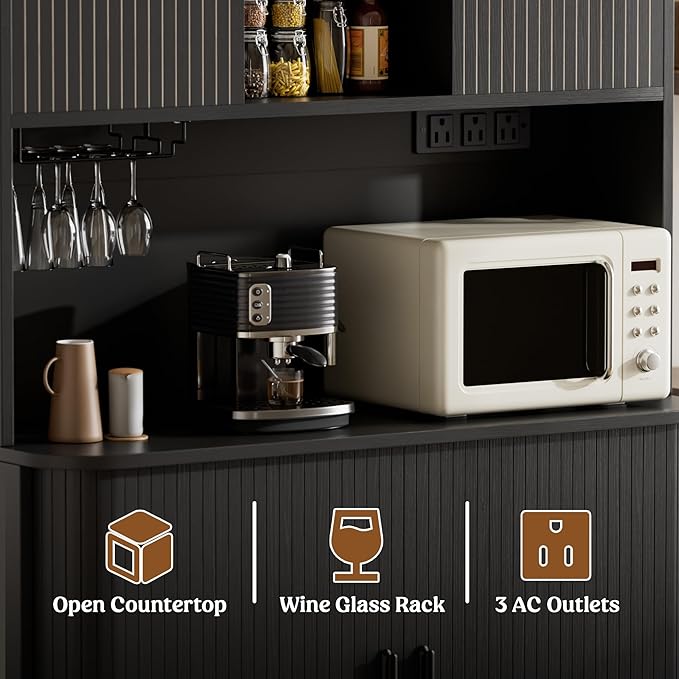 Lulive 71" Tall Pantry Cabinet with Rolling & Sliding Doors, 39" Wide Kitchen Storage Cabinet with Charging Station and Open Countertop, Modern Kitchen Pantry Cabinet for Dining Room, Black