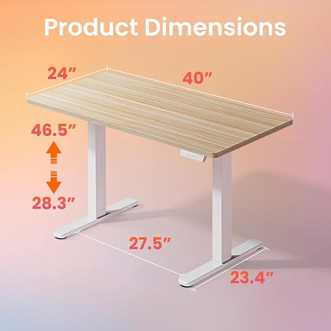 HUANUO 40x24 Inch Electric Standing Desk, Height Adjustable, Light Walnut | Smooth Home Office Desk, 176lbs Capacity with 4 Memory Presets & Headphone Hooks. Easy to assemble Computer Gaming desk