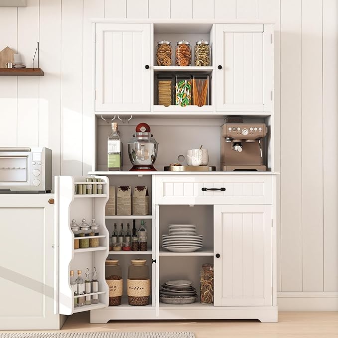 Gizoon Tall Kitchen Storage Cabinet with Door and Shelves, 67" Kitchen Pantry Cabinet Large Coffee Bar Hutch with Storage for Dining Room, Painted White