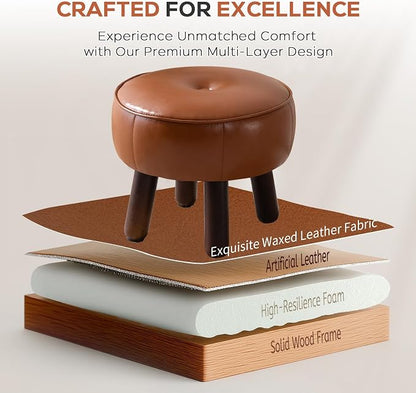 oakvivo Small Foot Stool, Round Faux Leather Pouf Ottoman Foot Rest, Footstool Ottomans with Rubber Legs Under Desk, 13''L x 13''W x 10.2''H, Footrest for Couch, Living Room, Bedroom, Hallway, Brown