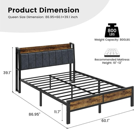 Liians Queen Size LED Bed Frame with Charging Headboard, Heavy Duty Metal Platform Bed with Storage Headboard, Noise Free, No Box Spring Needed