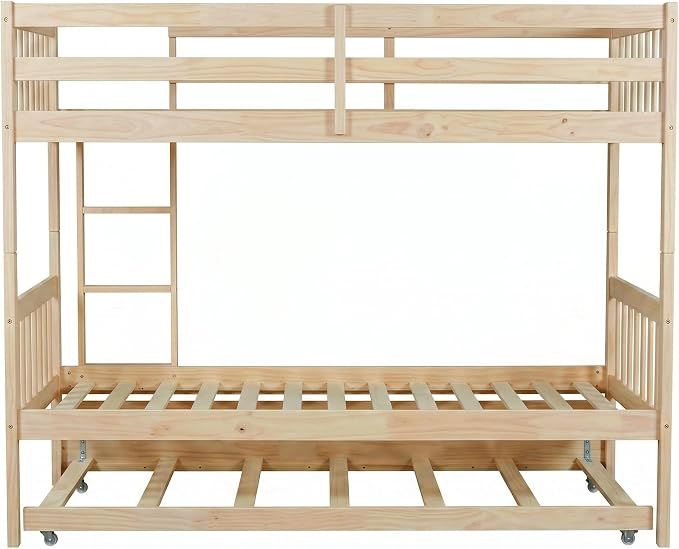 Harper & Bright Designs Convertible Wood Twin-Over-Twin Bunk Bed with Trundle and Ladder - Can Be Divided Into Two Platform Beds, White Oak