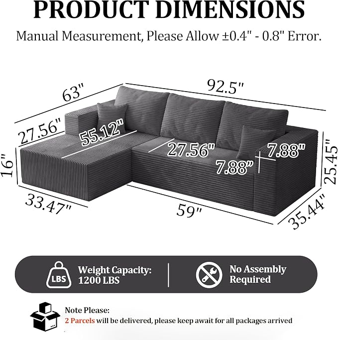 92.5" Modualr Sectional Sofa, L-Shaped Corduroy Cloud Couch with Chaise, Upholstered Boneless Couches for Living Room Bedroom, No Assembly Required - Grey(Left Facing Chaise)