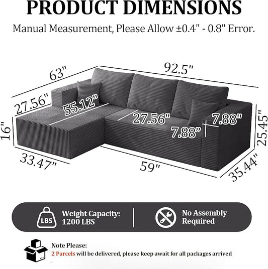 92.5" Modualr Sectional Sofa, L-Shaped Corduroy Cloud Couch with Chaise, Upholstered Boneless Couches for Living Room Bedroom, No Assembly Required - Grey(Left Facing Chaise)