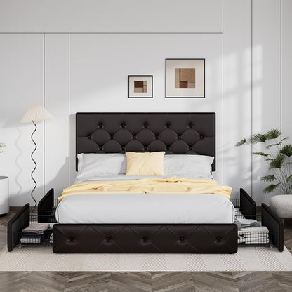 Allewie Upholstered Full Size Platform Bed Frame with 4 Storage Drawers and Headboard, Diamond Stitched Button Tufted, Mattress Foundation with Wooden Slats Support, No Box Spring Needed, Black Brown