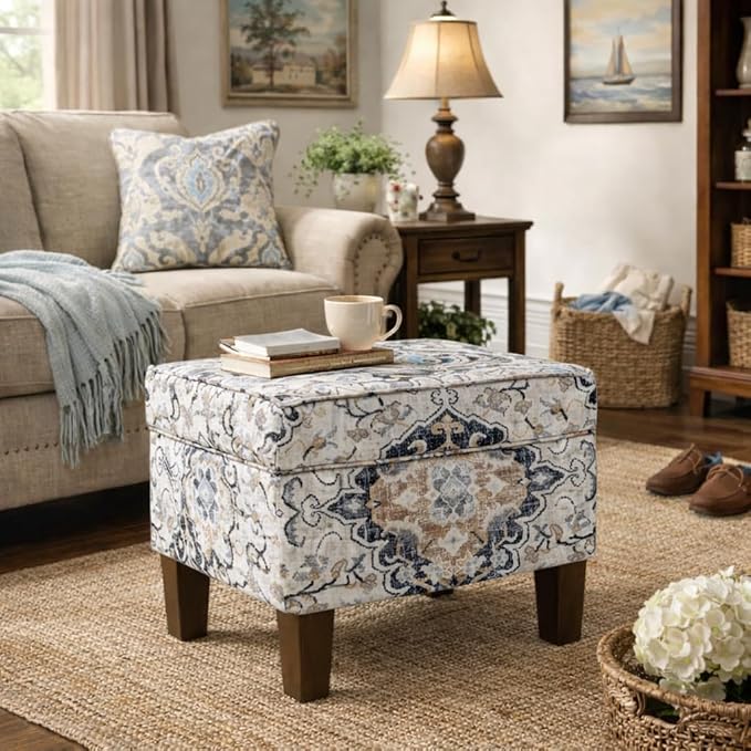 HomePop 22" Modern Rectangular Storage Ottoman - Antiqued Ebony Cream